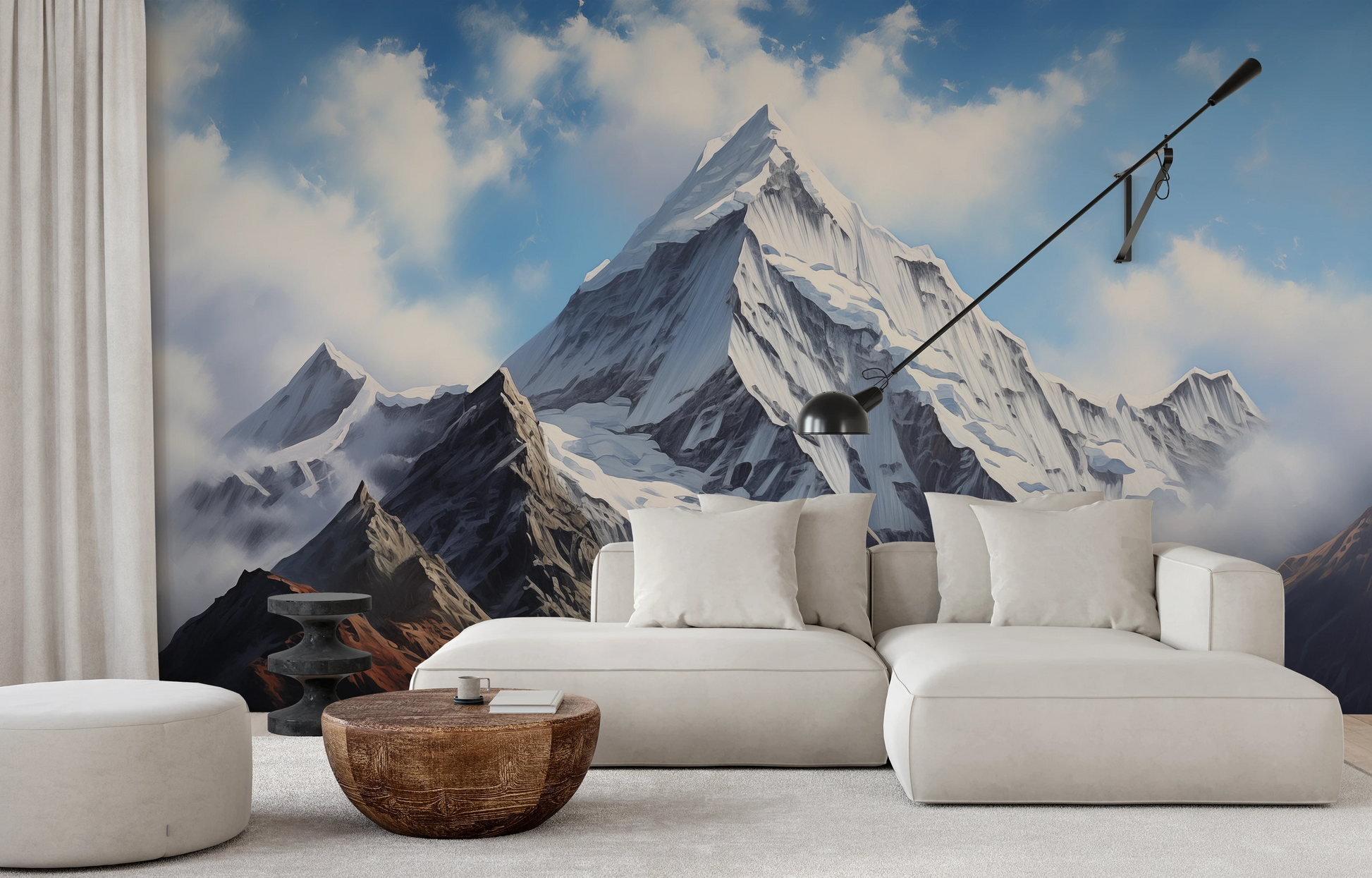 Wzór fototapety o nazwie Misty Peaks pokazanej w kontekście pomieszczenia.