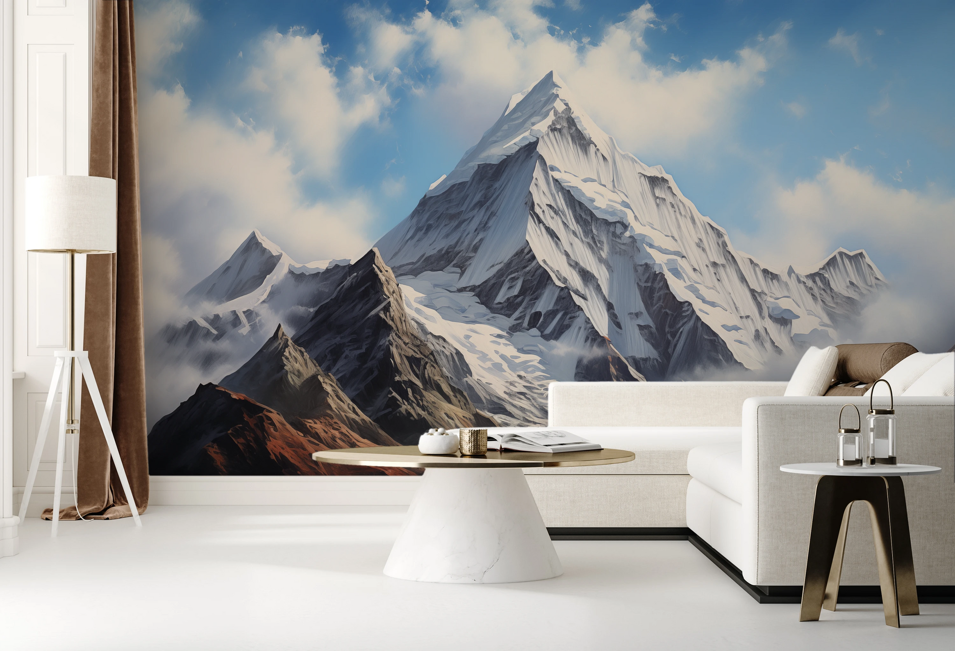 Fototapeta malowana o nazwie Misty Peaks pokazana w aranżacji wnętrza.