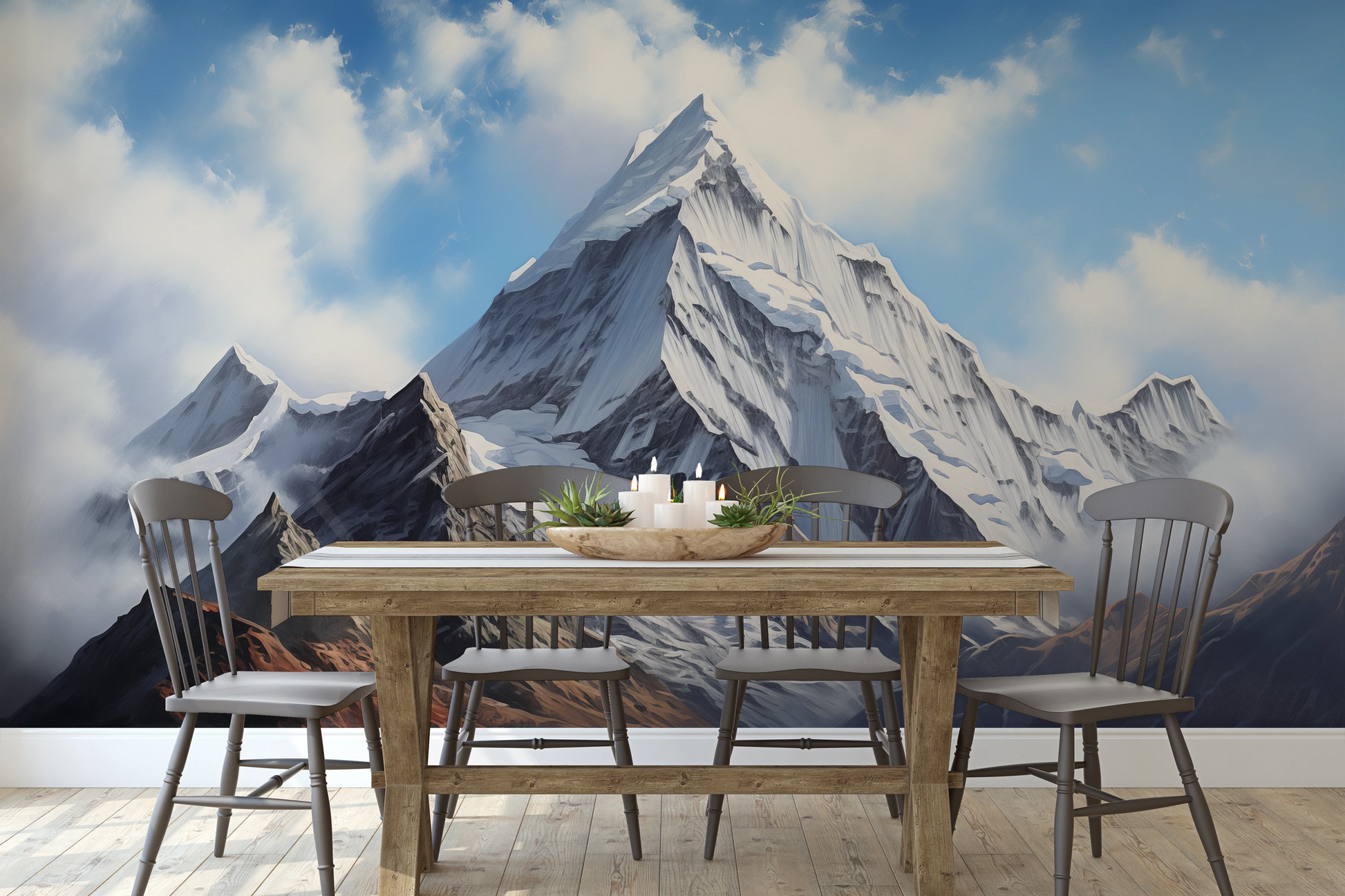 Fototapeta artystyczna o nazwie Misty Peaks pokazana w aranżacji wnętrza.