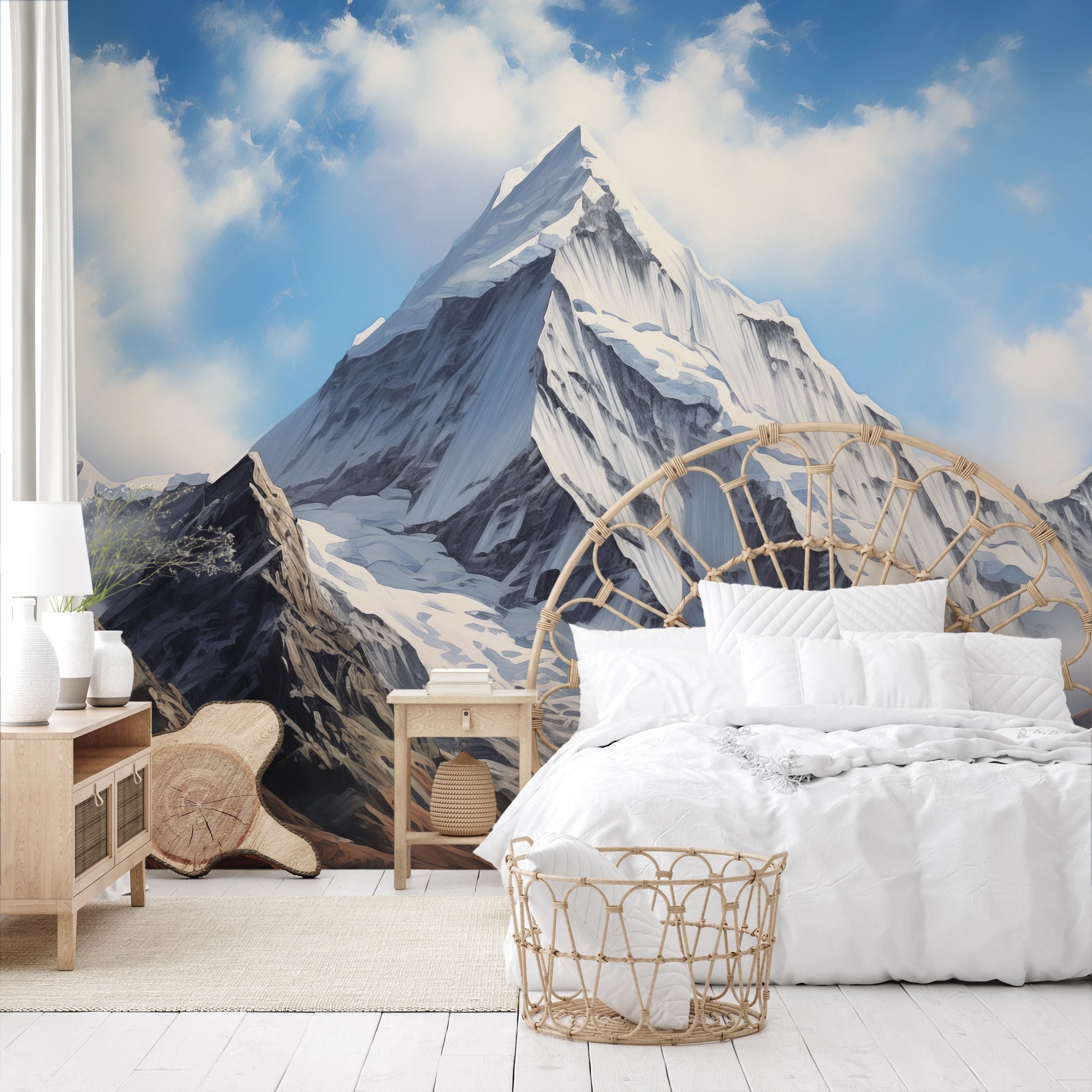 Wzór fototapety artystycznej o nazwie Misty Peaks pokazanej w aranżacji wnętrza.