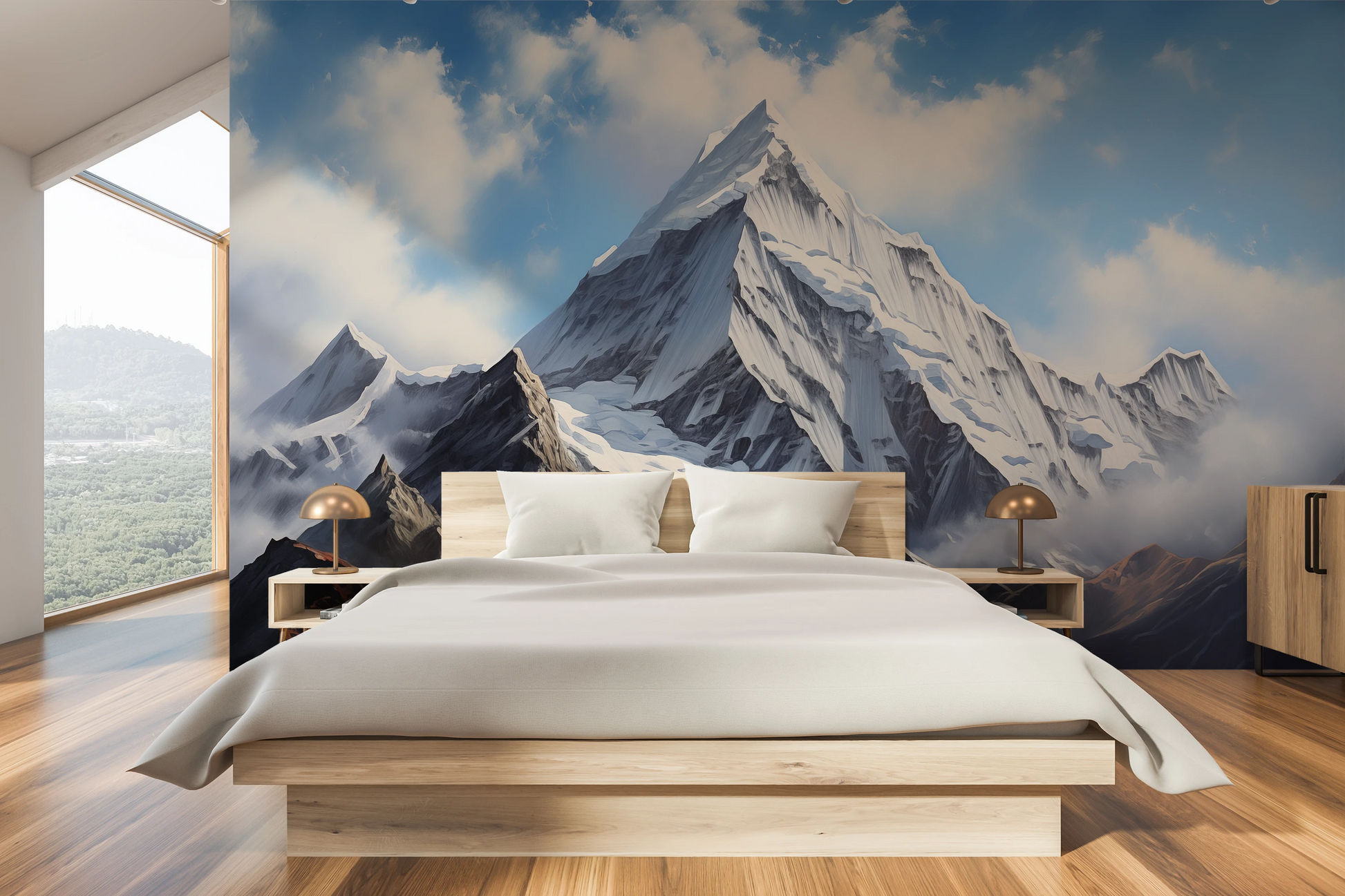 Wzór fototapety artystycznej o nazwie Misty Peaks pokazanej w aranżacji wnętrza.