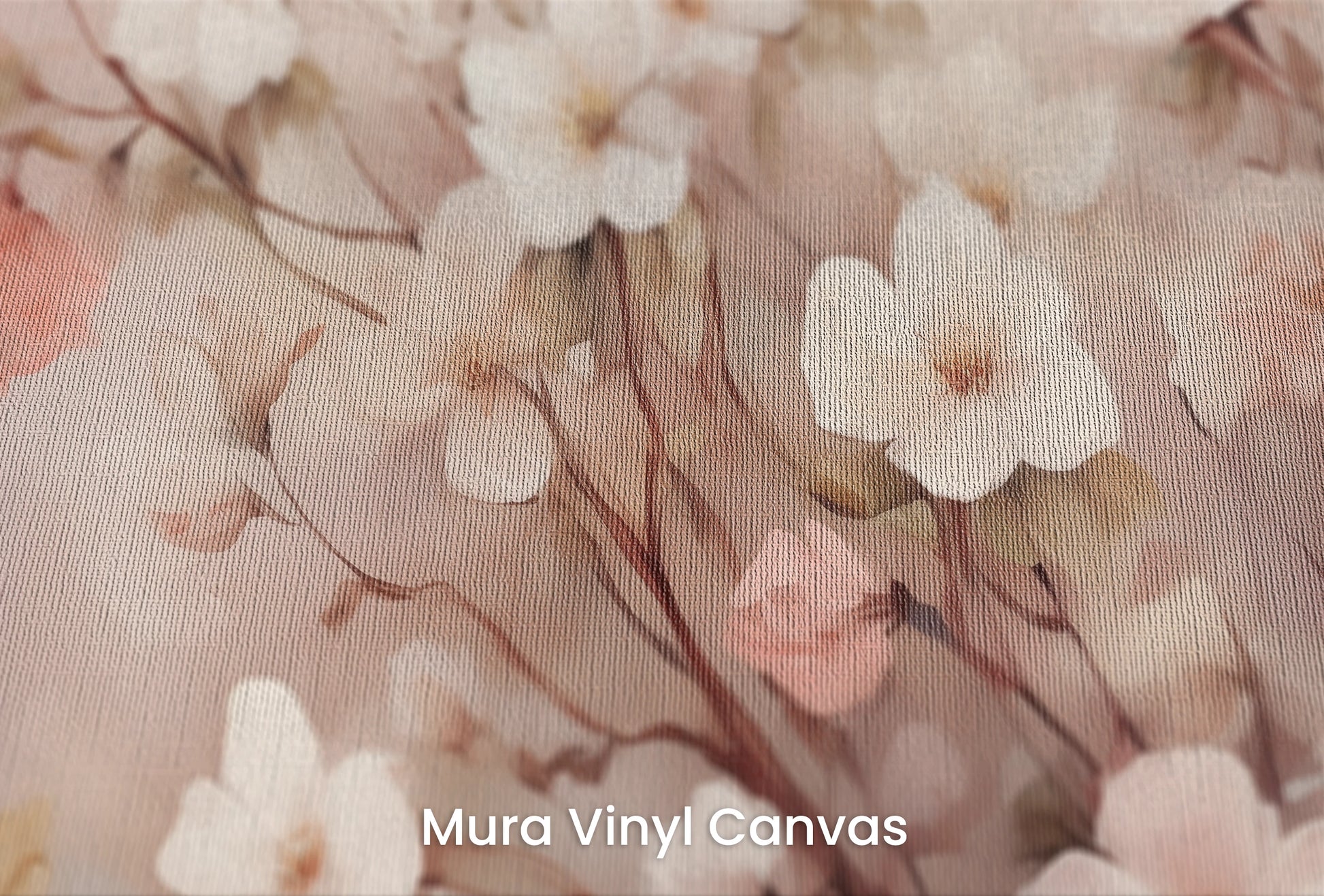 Zbliżenie na artystyczną fototapetę o nazwie Blushing Cherry Branch na podłożu Mura Vinyl Canvas - faktura naturalnego płótna.