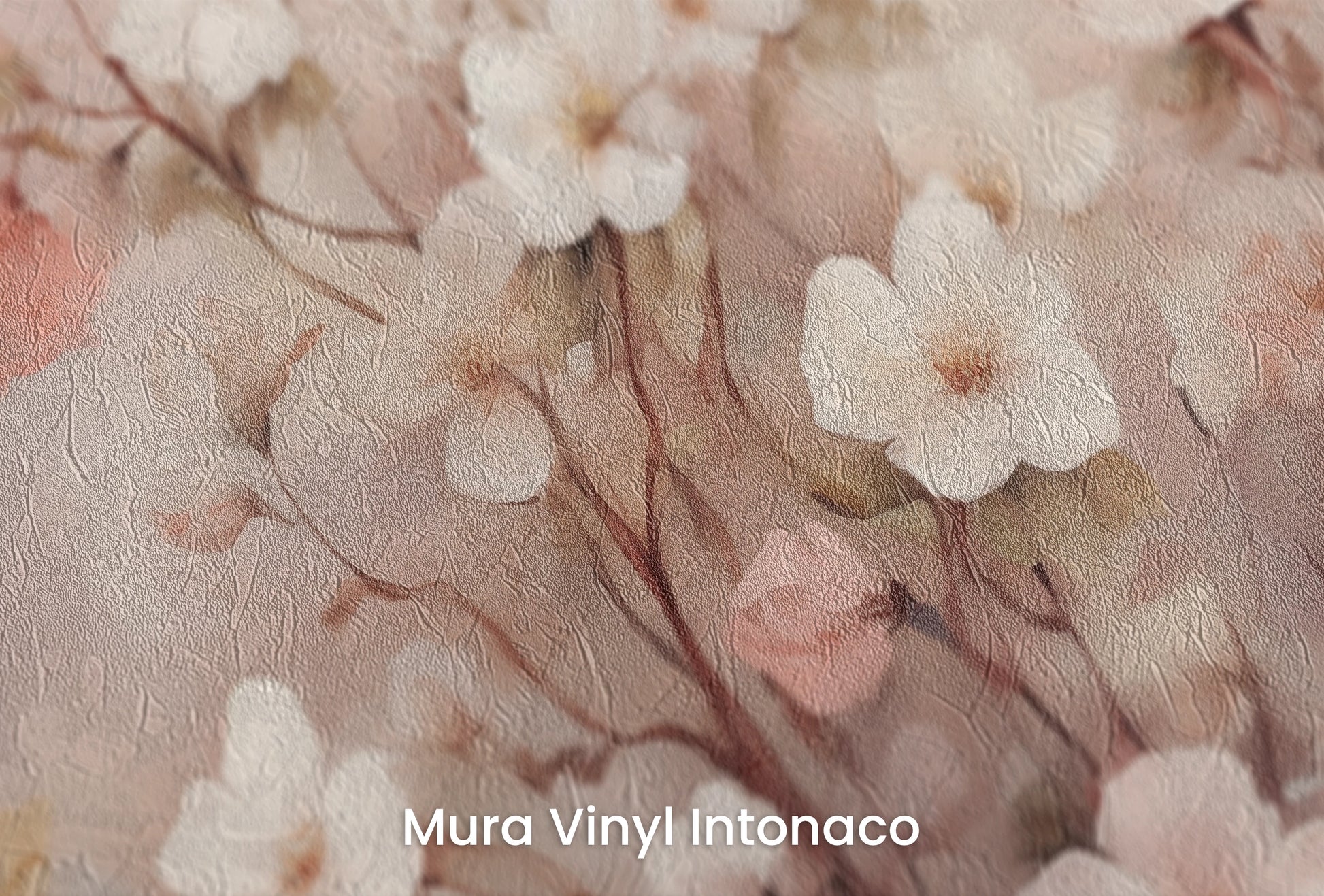 Zbliżenie na artystyczną fototapetę o nazwie Blushing Cherry Branch na podłożu Mura Vinyl Intonaco - struktura tartego tynku.