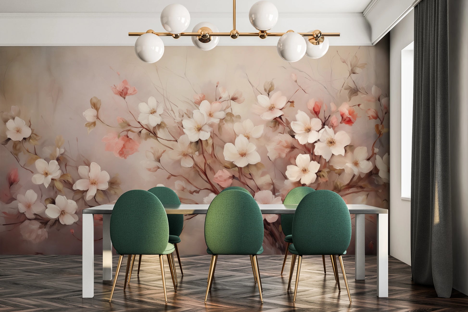 Wzór fototapety malowanej o nazwie Blushing Cherry Branch pokazanej w aranżacji wnętrza.