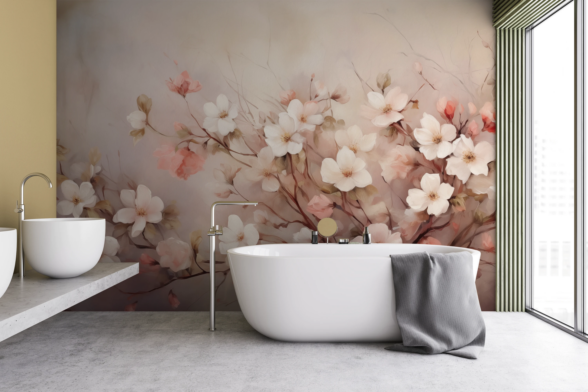 Fototapeta malowana o nazwie Blushing Cherry Branch pokazana w aranżacji wnętrza.
