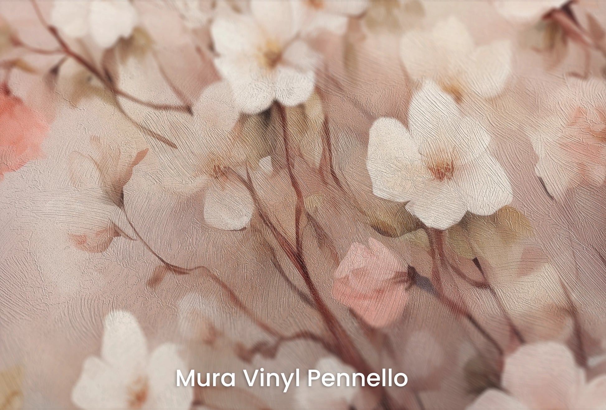 Zbliżenie na artystyczną fototapetę o nazwie Blushing Cherry Branch na podłożu Mura Vinyl Pennello - faktura pociągnięć pędzla malarskiego.