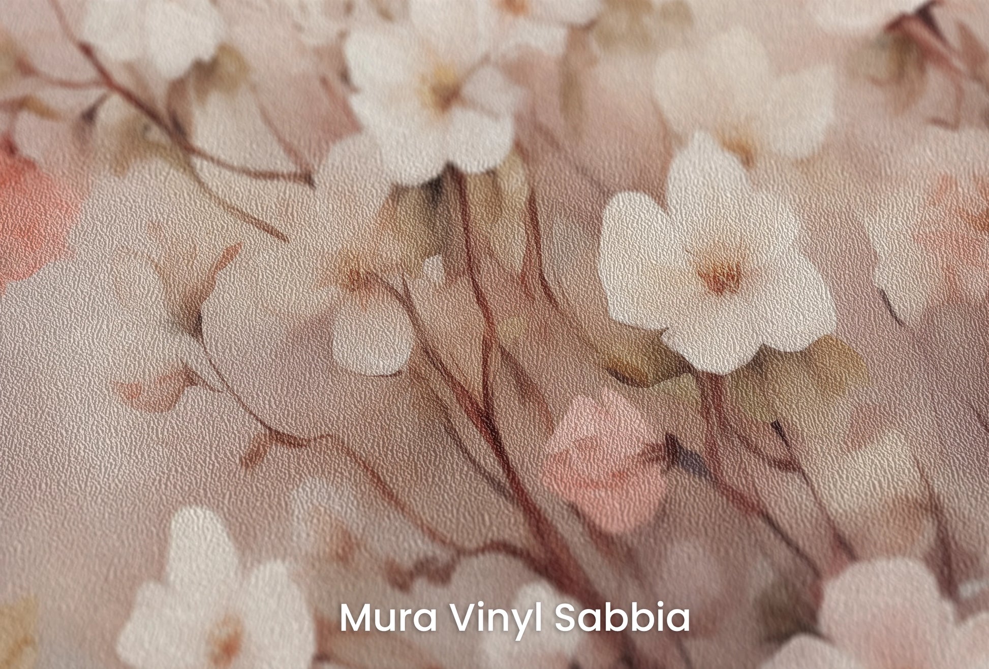 Zbliżenie na artystyczną fototapetę o nazwie Blushing Cherry Branch na podłożu Mura Vinyl Sabbia struktura grubego ziarna piasku.