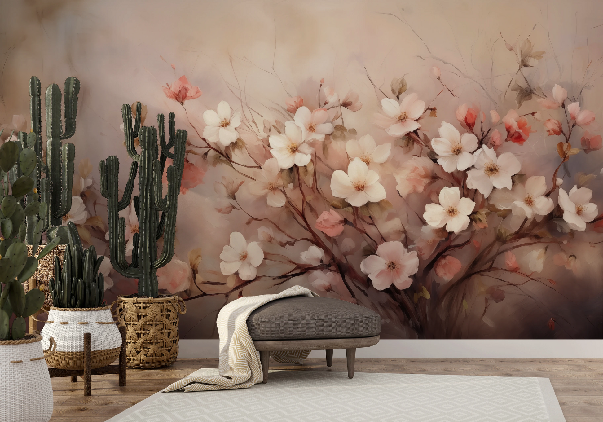 Wzór fototapety o nazwie Blushing Cherry Branch pokazanej w kontekście pomieszczenia.