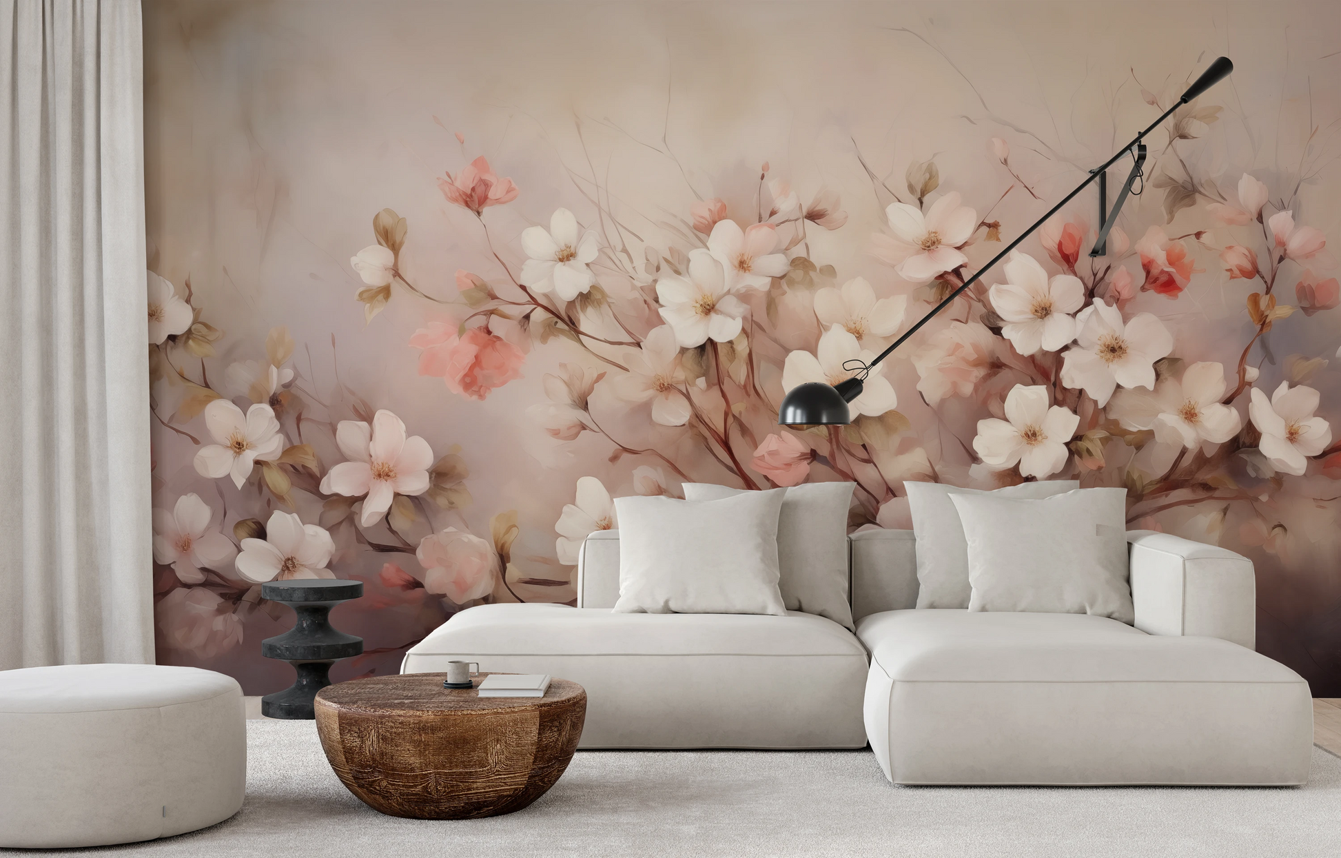 Fototapeta artystyczna o nazwie Blushing Cherry Branch pokazana w aranżacji wnętrza.
