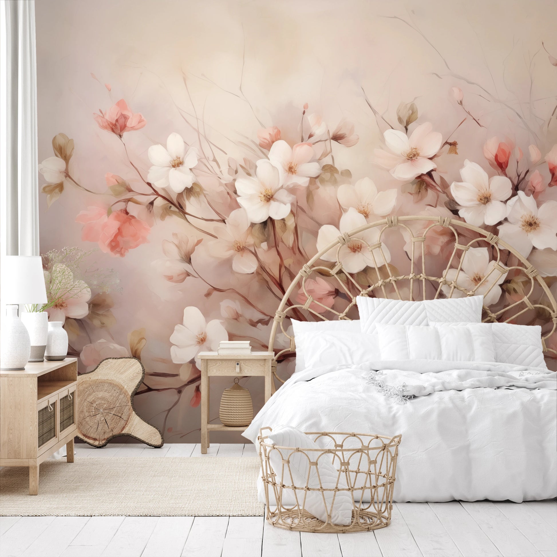 Wzór fototapety artystycznej o nazwie Blushing Cherry Branch pokazanej w aranżacji wnętrza.