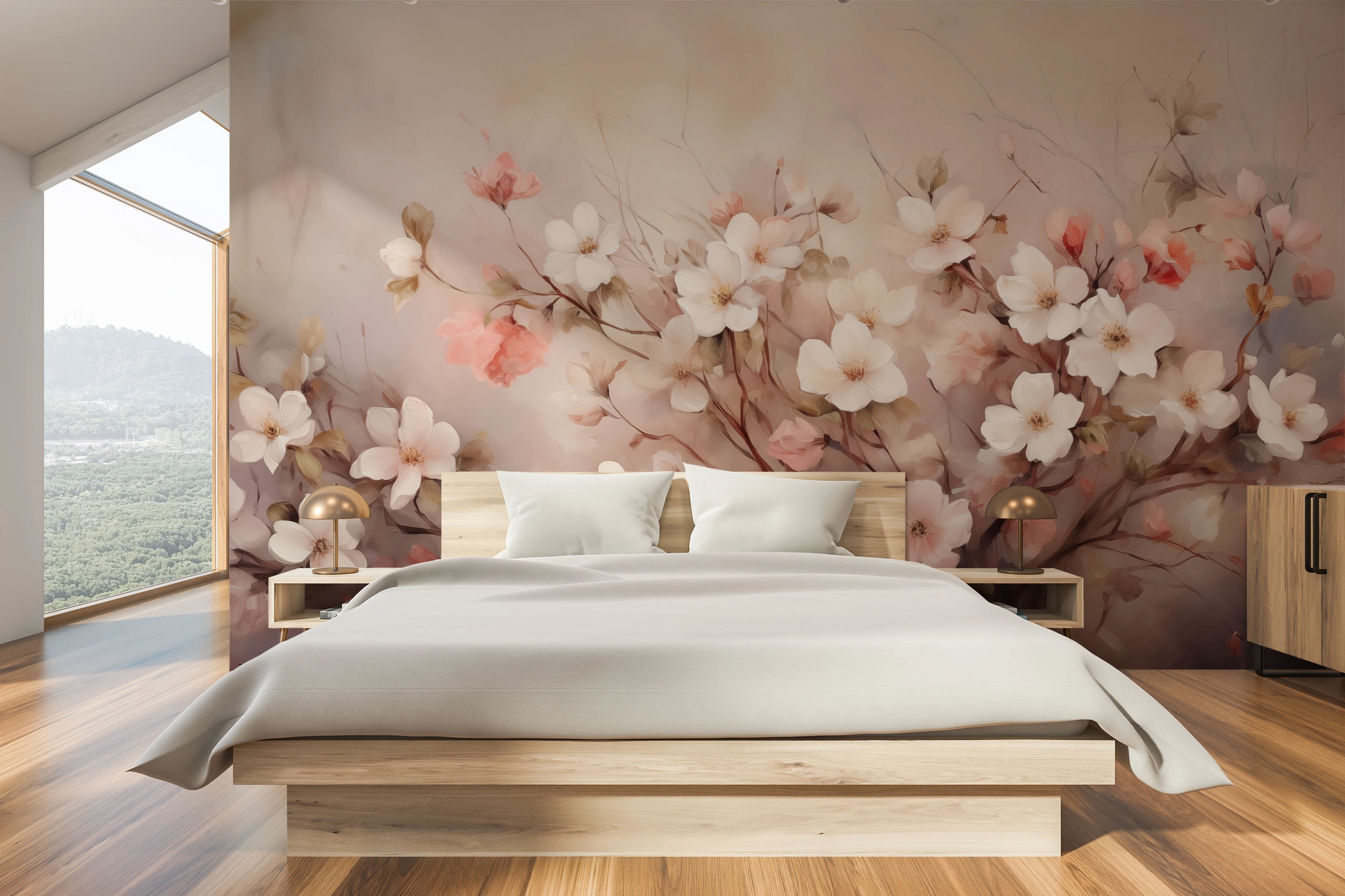 Wzór fototapety artystycznej o nazwie Blushing Cherry Branch pokazanej w aranżacji wnętrza.
