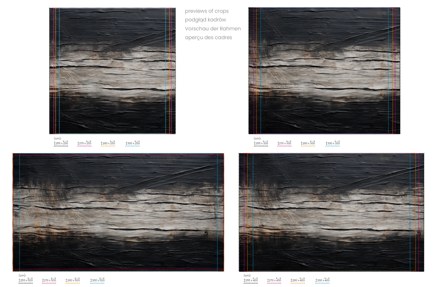 Na obrazie znajduje się prezentacja przykładowych rozmiarów fototapety o nazwie Charred Wood. Rozmiar fototapety jest dowolny.