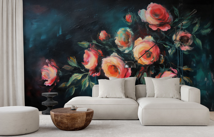 Fototapeta artystyczna o nazwie Teal Rose Whispers pokazana w aranżacji wnętrza.