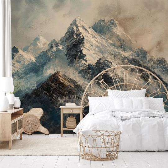 Wzór fototapety artystycznej o nazwie Rugged Peaks pokazanej w aranżacji wnętrza.