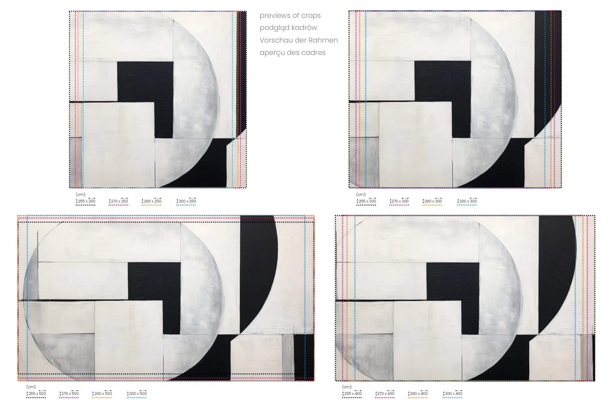 Na obrazie znajduje się prezentacja przykładowych rozmiarów fototapety o nazwie Geometric Elegance. Rozmiar fototapety jest dowolny.