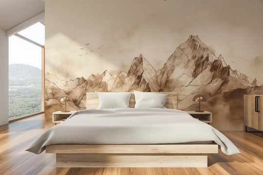 Wzór fototapety artystycznej o nazwie Sepia Serenity pokazanej w aranżacji wnętrza.