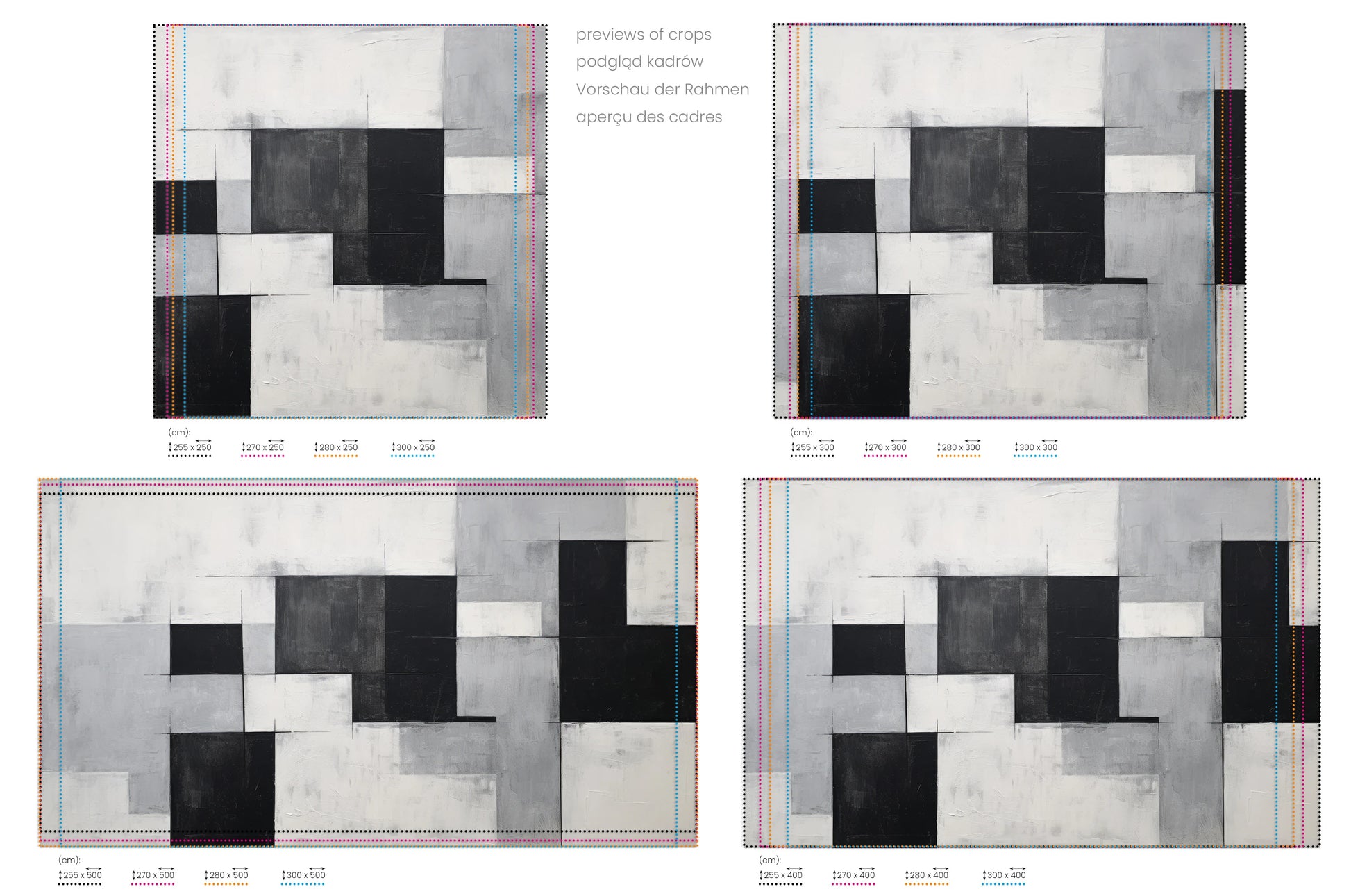 Na obrazie znajduje się prezentacja przykładowych rozmiarów fototapety o nazwie Abstract Squares. Rozmiar fototapety jest dowolny.
