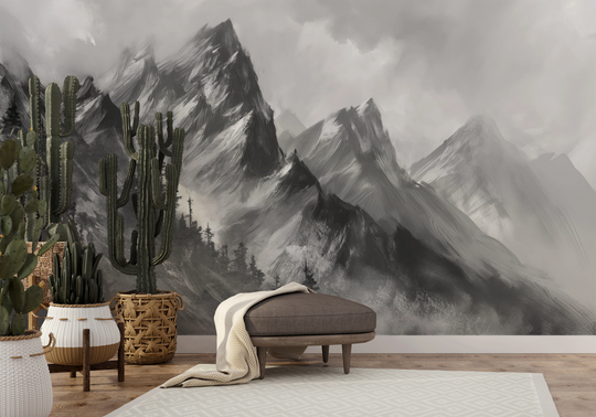 Wzór fototapety artystycznej o nazwie Monochrome Mystique pokazanej w aranżacji wnętrza.