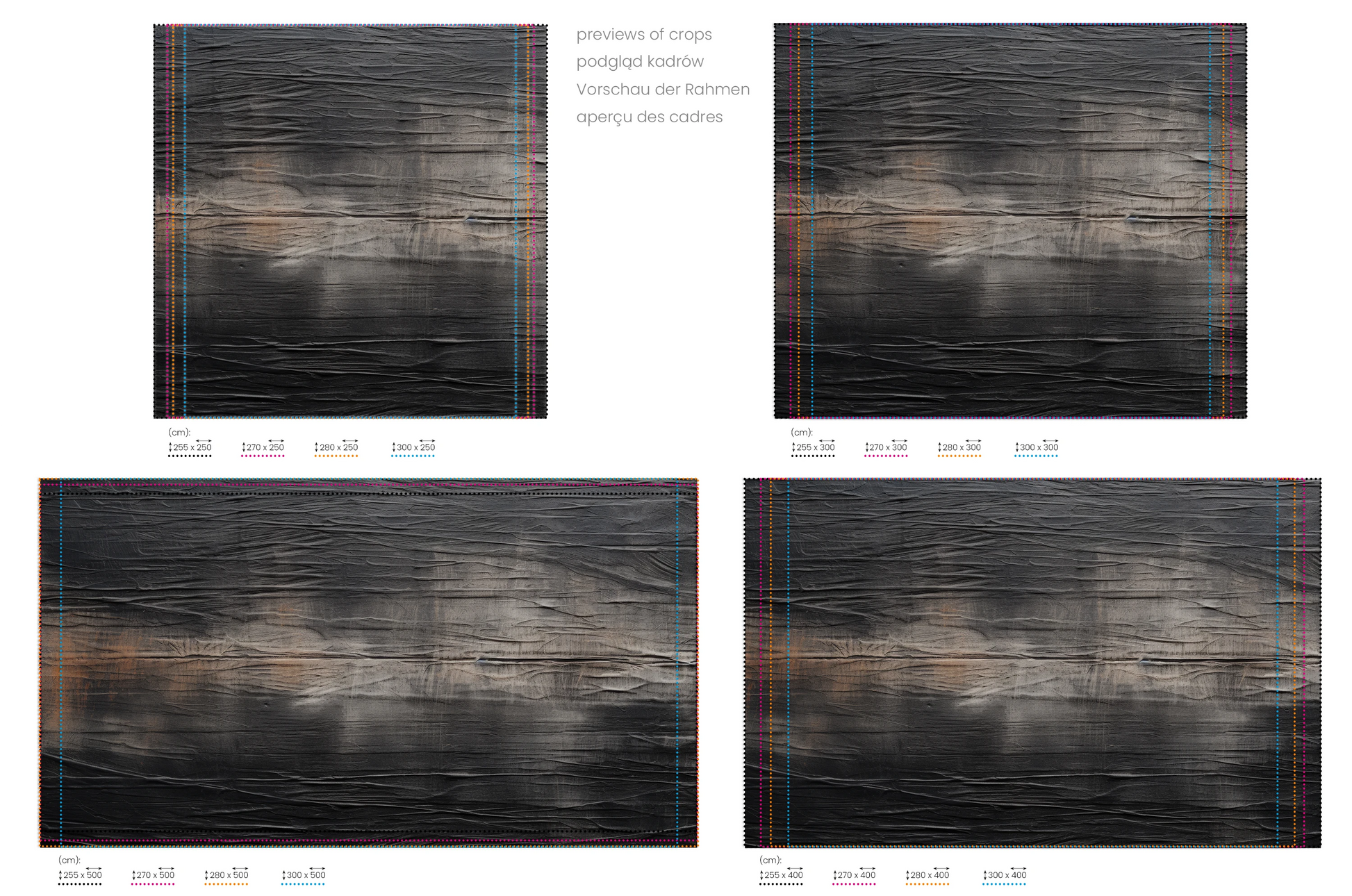 Na obrazie znajduje się prezentacja przykładowych rozmiarów fototapety o nazwie Burnt Umber Wave. Rozmiar fototapety jest dowolny.