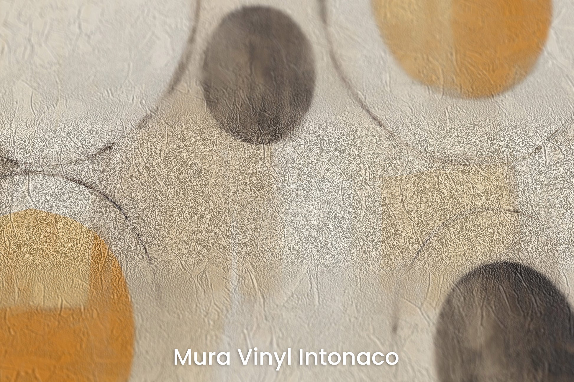Zbliżenie na artystyczną fototapetę o nazwie SUN-KISSED ORB ARRAY na podłożu Mura Vinyl Intonaco - struktura tartego tynku.