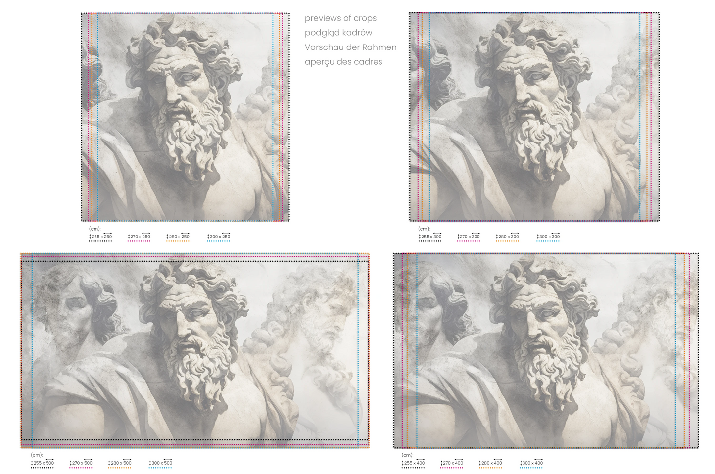 Na obrazie znajduje się prezentacja przykładowych rozmiarów fototapety o nazwie Zeus's Contemplation. Rozmiar fototapety jest dowolny.
