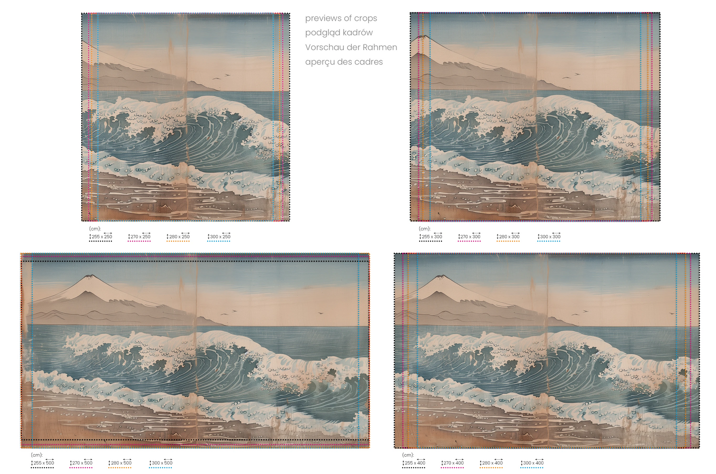 Na obrazie znajduje się prezentacja przykładowych rozmiarów fototapety o nazwie Mount Fuji Calm. Rozmiar fototapety jest dowolny.