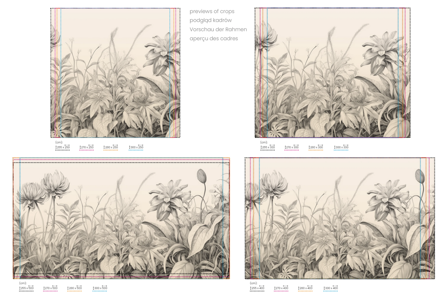 Na obrazie znajduje się prezentacja przykładowych rozmiarów fototapety o nazwie Wildflower Grace. Rozmiar fototapety jest dowolny.