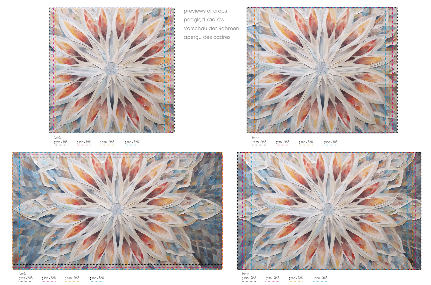 Na obrazie znajduje się prezentacja przykładowych rozmiarów fototapety o nazwie Ice Flower. Rozmiar fototapety jest dowolny.