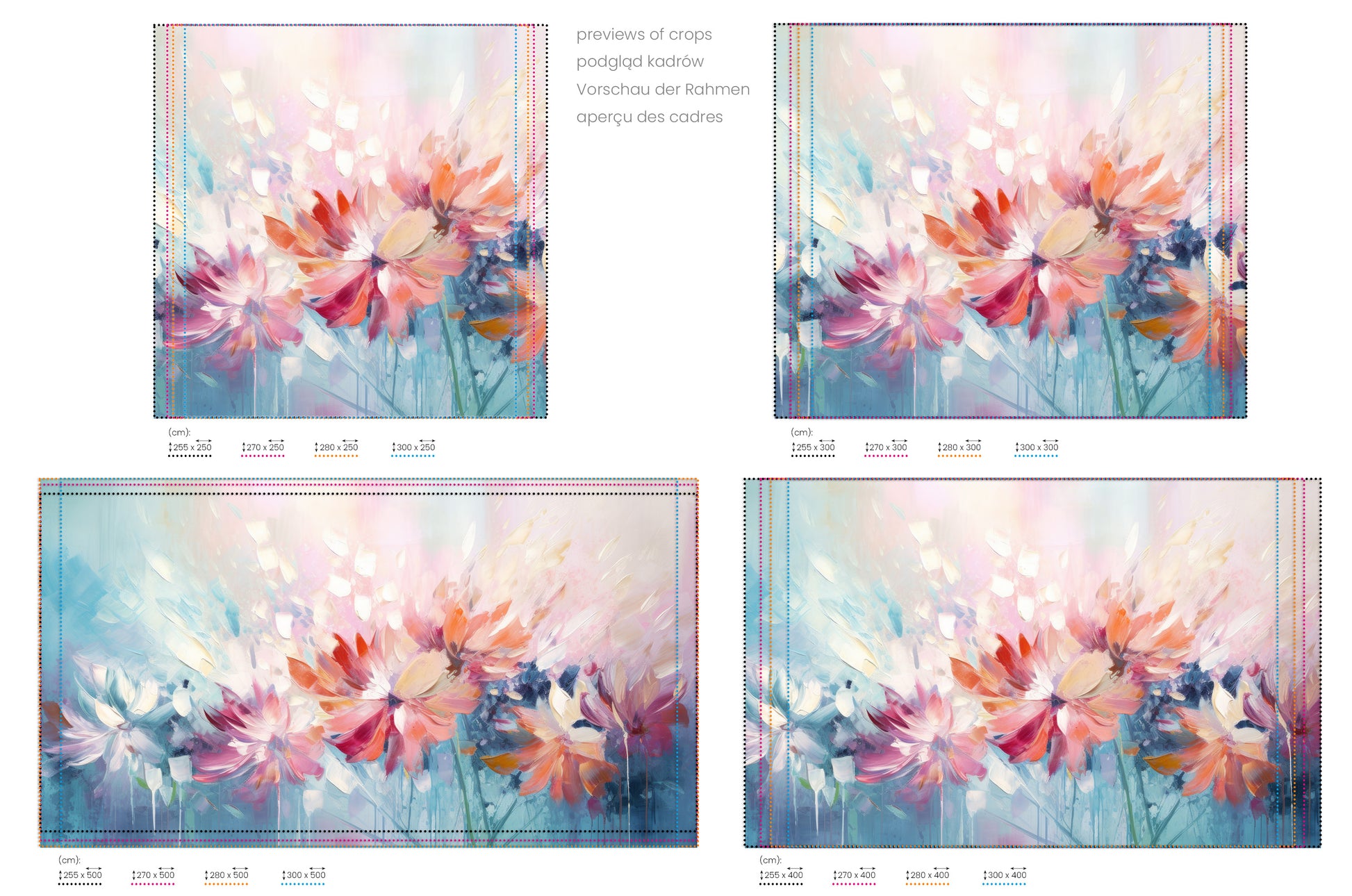 Na obrazie znajduje się prezentacja przykładowych rozmiarów fototapety o nazwie Floral Watercolor Fantasy. Rozmiar fototapety jest dowolny.