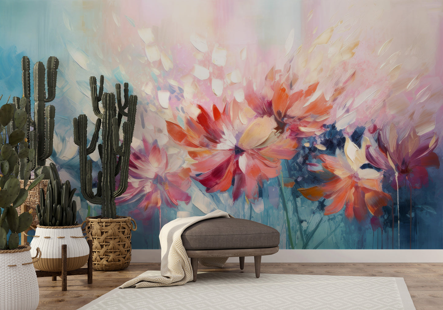 Wzór fototapety malowanej o nazwie Floral Watercolor Fantasy pokazanej w aranżacji wnętrza.
