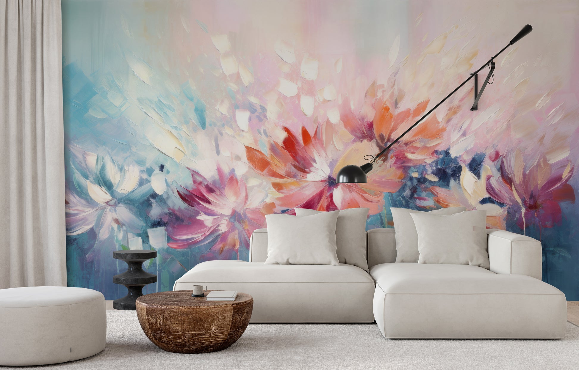 Zdjęcie prezentuje aranżację wnętrza z użyciem fototapety o nazwie Floral Watercolor Fantasy pokazanej w aranżacji wnętrza.