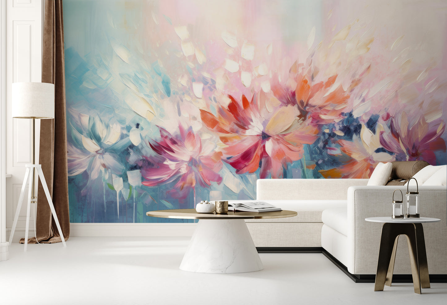 Wzór fototapety artystycznej o nazwie Floral Watercolor Fantasy pokazanej w aranżacji wnętrza.