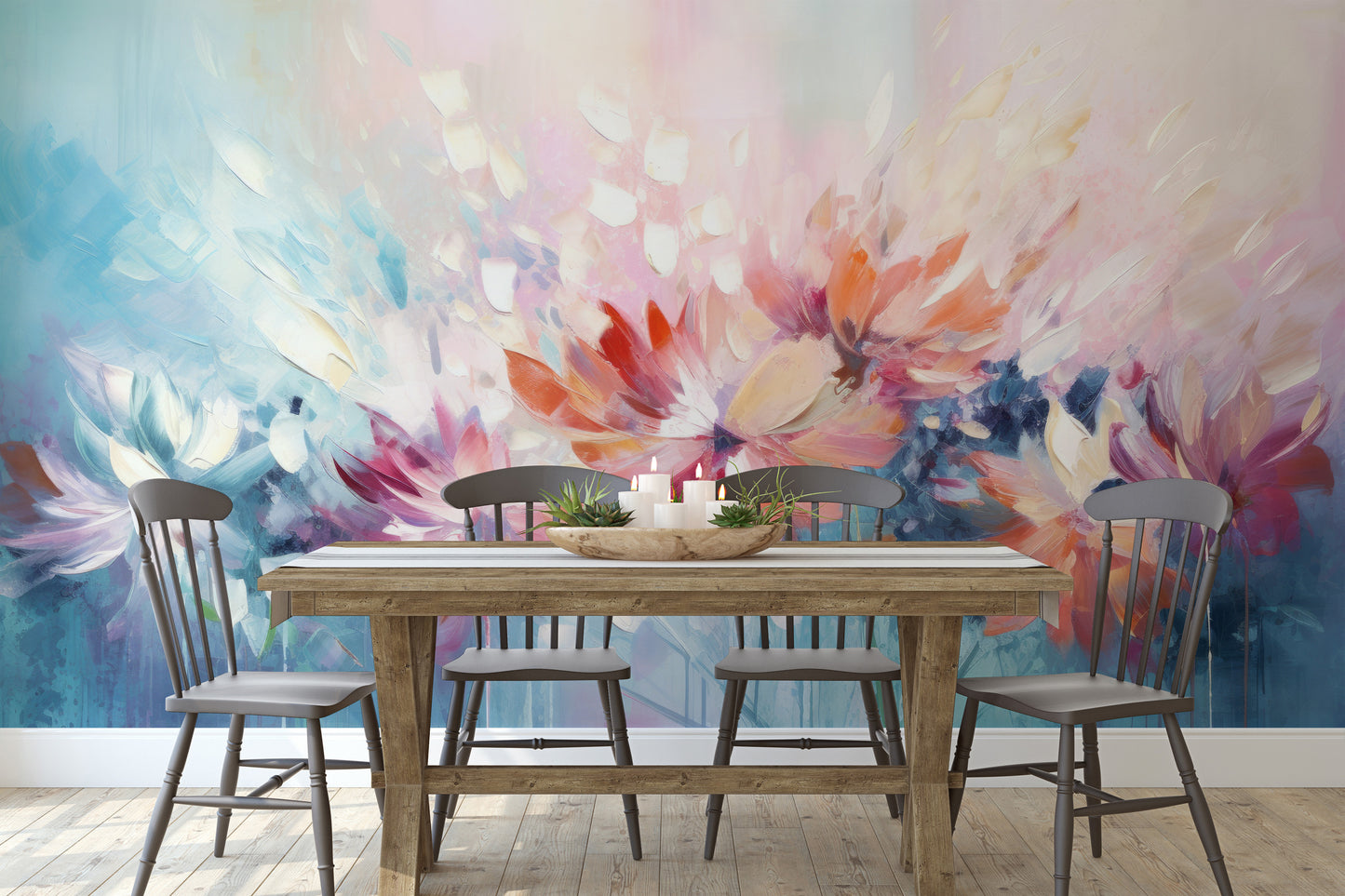 Wzór fototapety o nazwie Floral Watercolor Fantasy pokazanej w kontekście pomieszczenia.
