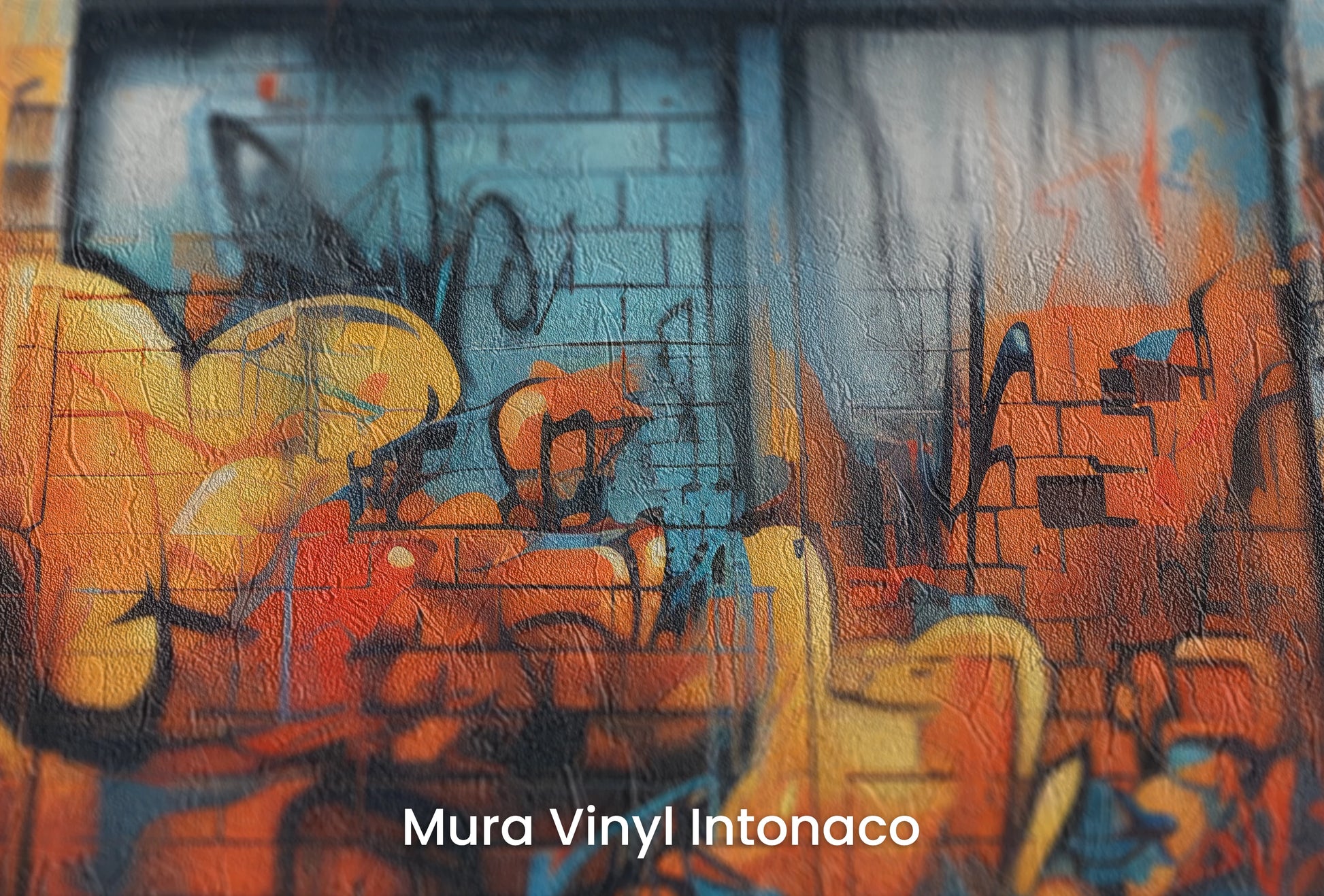 Zbliżenie na artystyczną fototapetę o nazwie Fiery Escape na podłożu Mura Vinyl Intonaco - struktura tartego tynku.