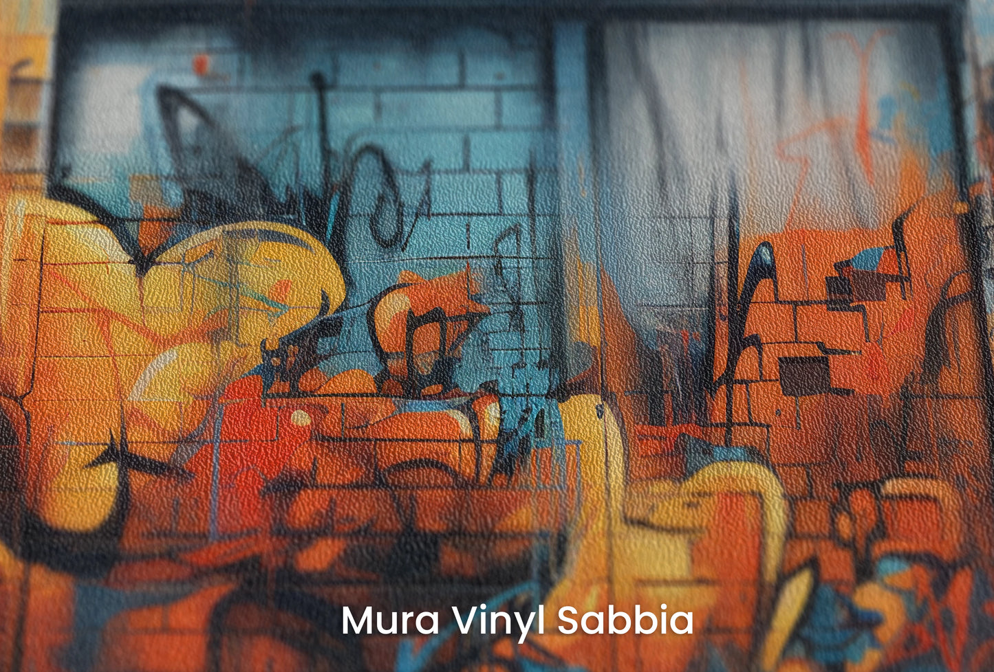 Zbliżenie na artystyczną fototapetę o nazwie Fiery Escape na podłożu Mura Vinyl Sabbia struktura grubego ziarna piasku.