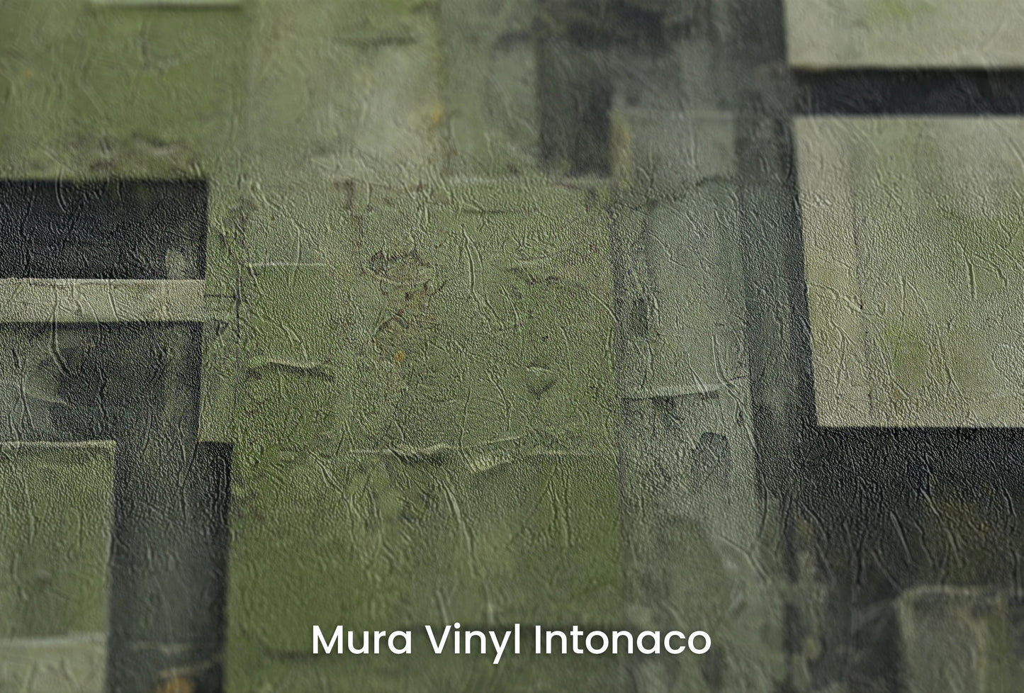 Zbliżenie na artystyczną fototapetę o nazwie Green Geometry #2 na podłożu Mura Vinyl Intonaco - struktura tartego tynku.