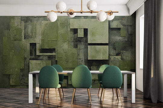 Wzór fototapety artystycznej o nazwie Green Geometry #2 pokazanej w aranżacji wnętrza.