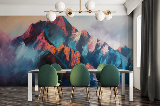 Wzór fototapety artystycznej o nazwie Colorful Summit pokazanej w aranżacji wnętrza.