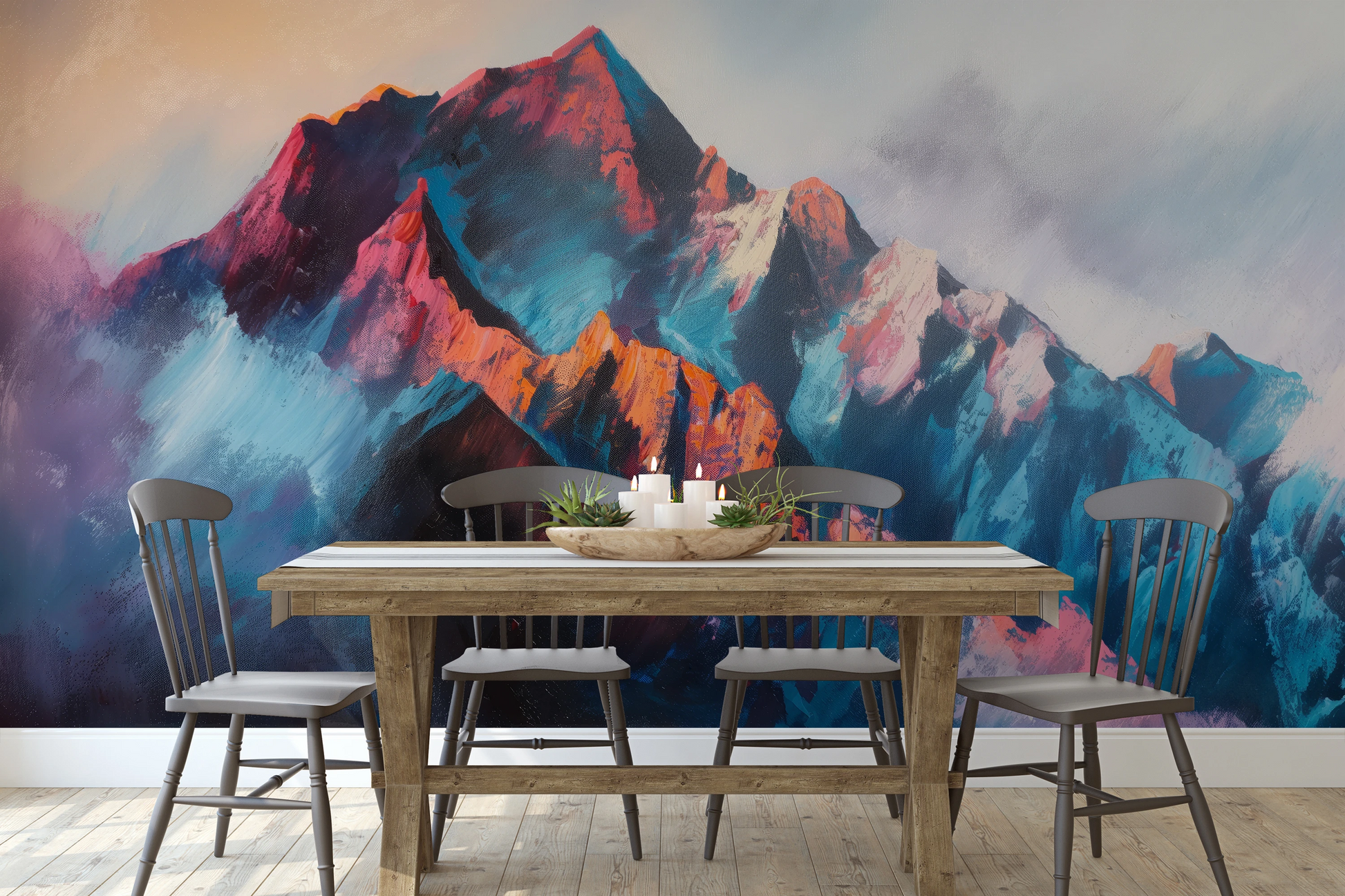 Wzór fototapety malowanej o nazwie Colorful Summit pokazanej w aranżacji wnętrza.