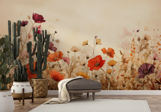 Wzór fototapety artystycznej o nazwie Field of Poppies #2 pokazanej w aranżacji wnętrza.
