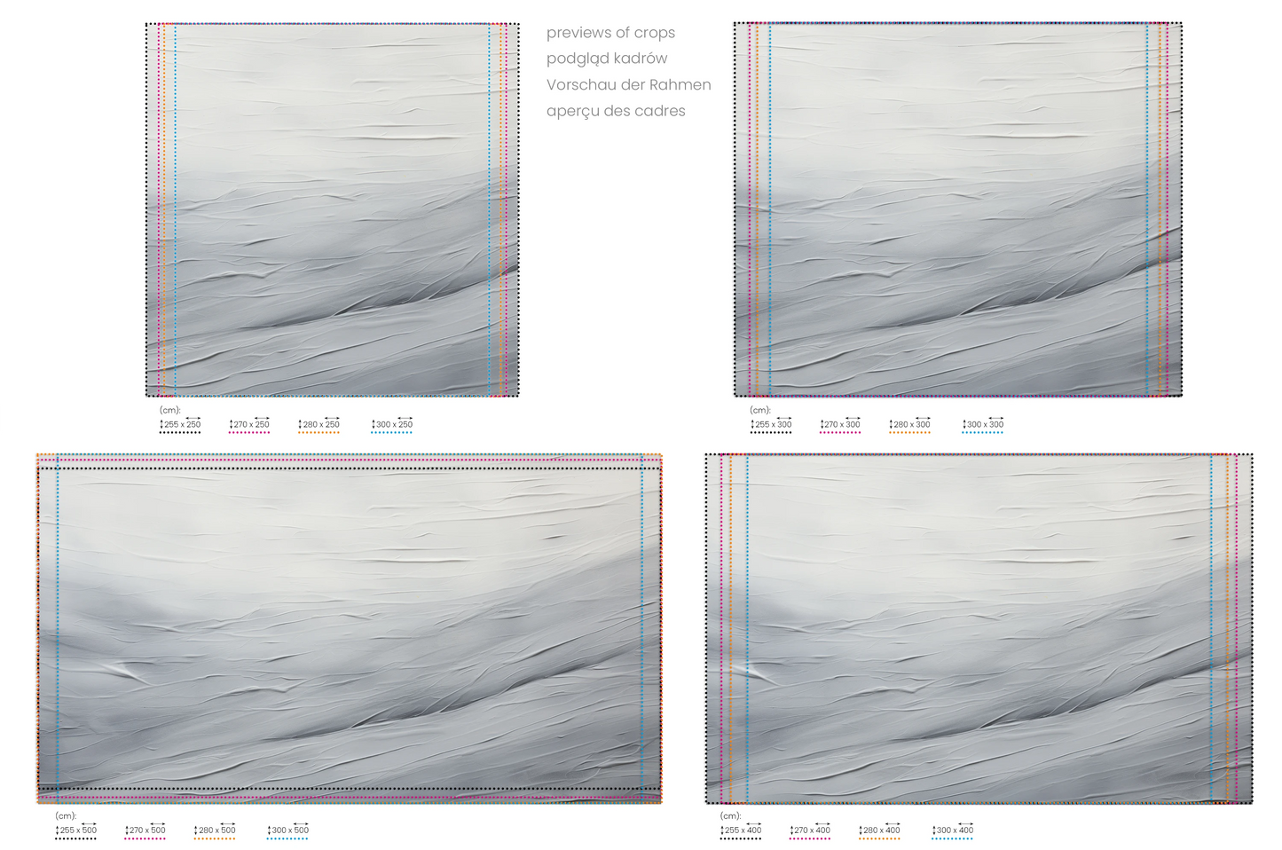 Na obrazie znajduje się prezentacja przykładowych rozmiarów fototapety o nazwie Arctic Flow. Rozmiar fototapety jest dowolny.