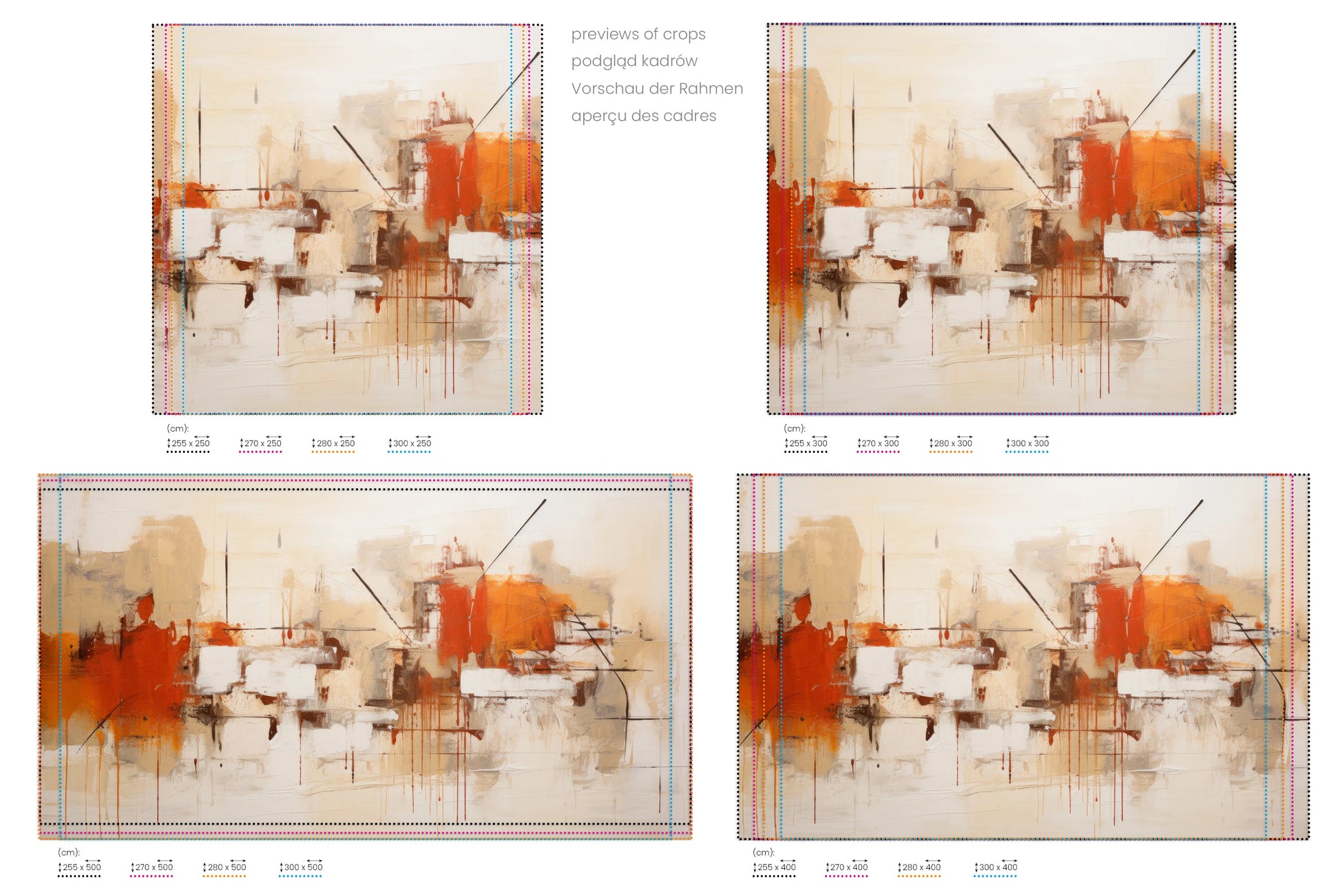 Na obrazie znajduje się prezentacja przykładowych rozmiarów fototapety o nazwie Autumnal Abstract. Rozmiar fototapety jest dowolny.