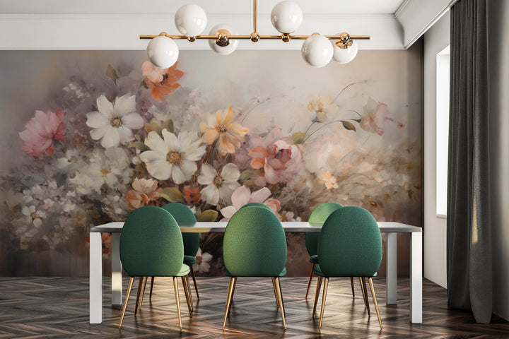 Wzór fototapety artystycznej o nazwie Ethereal Blossoms pokazanej w aranżacji wnętrza.