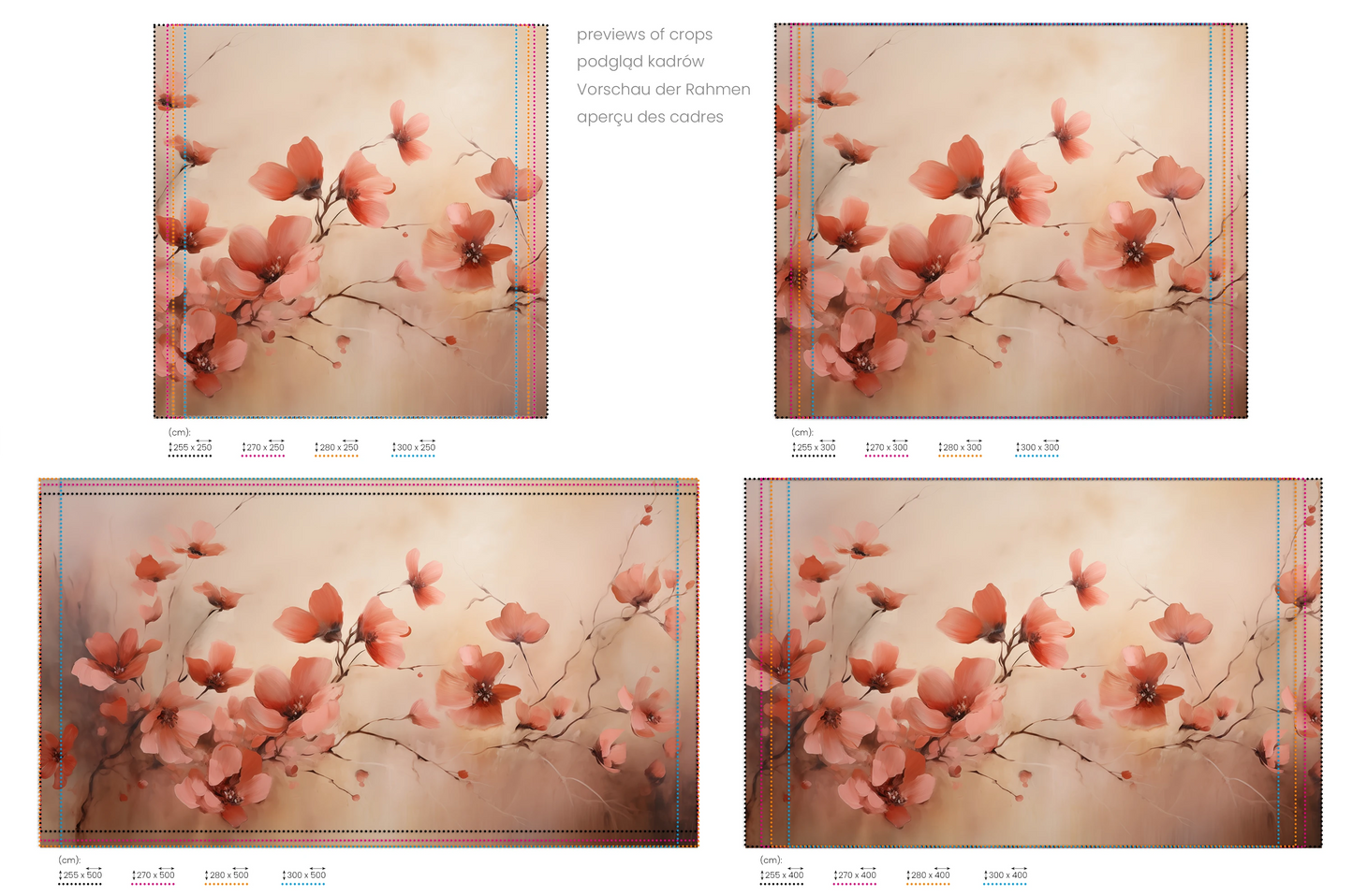 Na obrazie znajduje się prezentacja przykładowych rozmiarów fototapety o nazwie Blush Petals. Rozmiar fototapety jest dowolny.