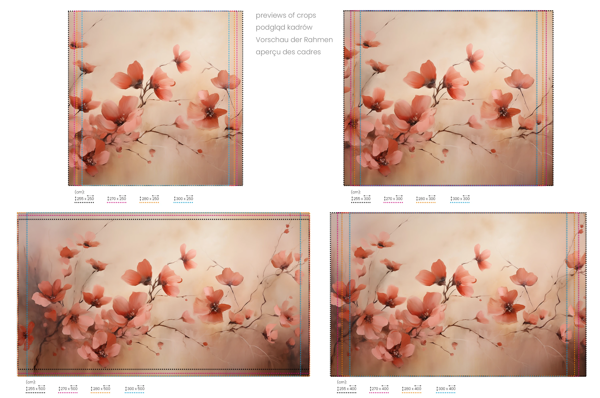 Na obrazie znajduje się prezentacja przykładowych rozmiarów fototapety o nazwie Blush Petals. Rozmiar fototapety jest dowolny.