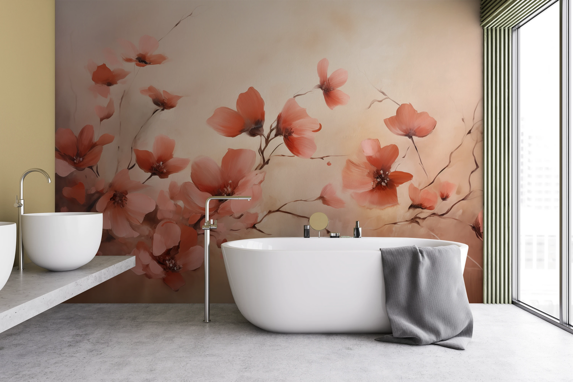 Wzór fototapety artystycznej o nazwie Blush Petals pokazanej w aranżacji wnętrza.
