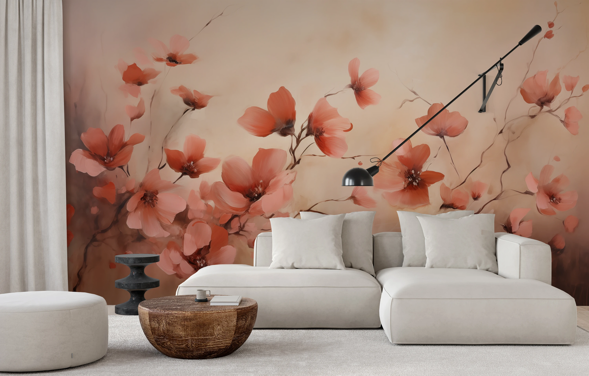 Wzór fototapety o nazwie Blush Petals pokazanej w kontekście pomieszczenia.