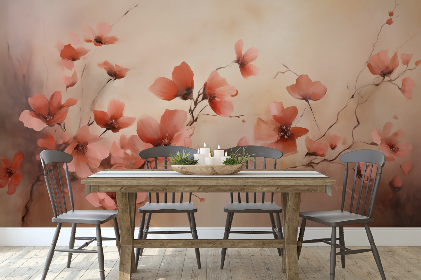 Wzór fototapety malowanej o nazwie Blush Petals pokazanej w aranżacji wnętrza.