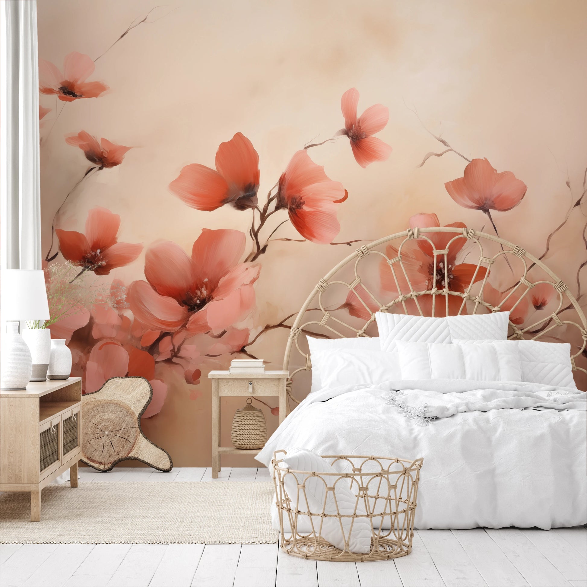 Fototapeta artystyczna o nazwie Blush Petals pokazana w aranżacji wnętrza.