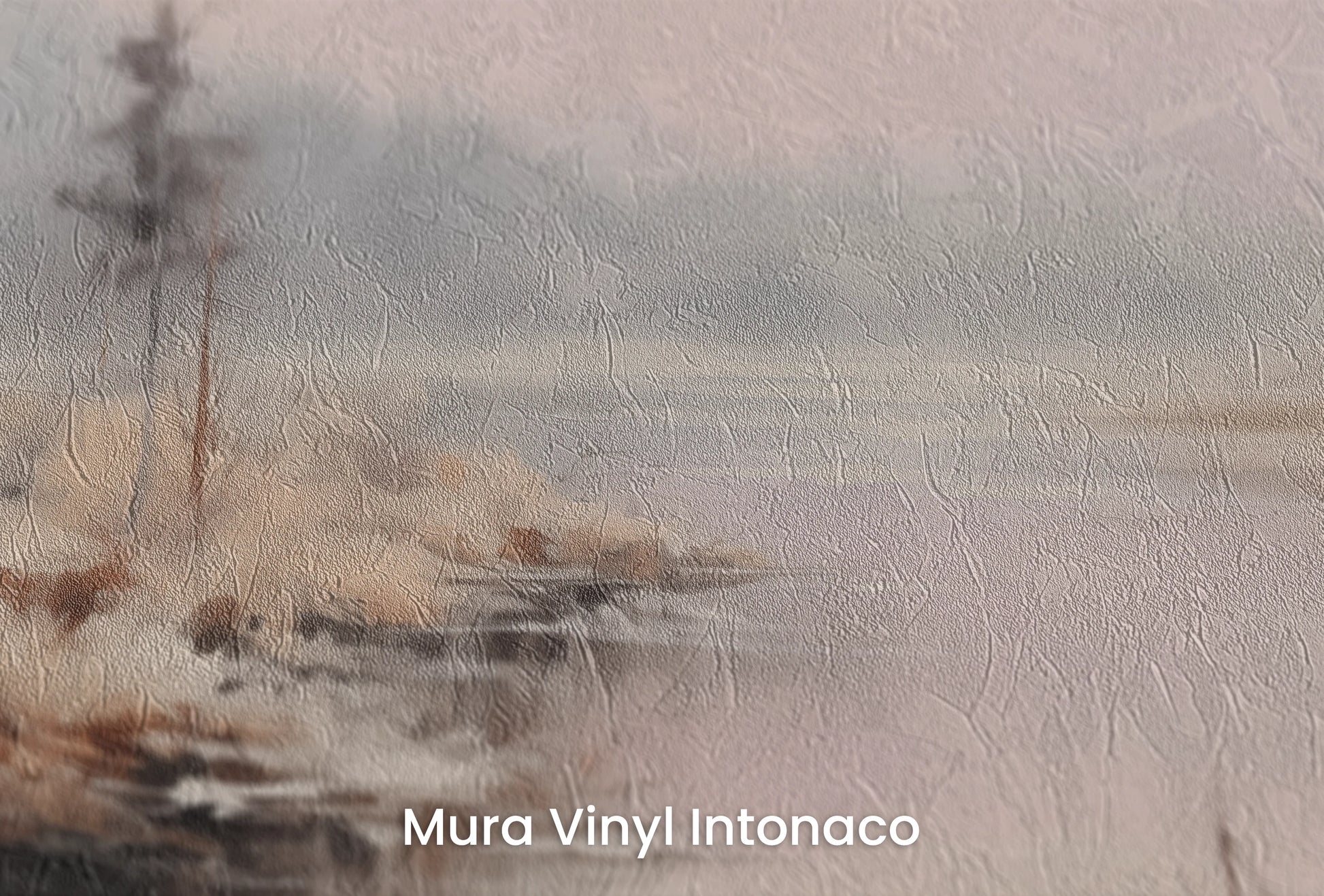 Zbliżenie na artystyczną fototapetę o nazwie Zorza nad Wodą na podłożu Mura Vinyl Intonaco - struktura tartego tynku.